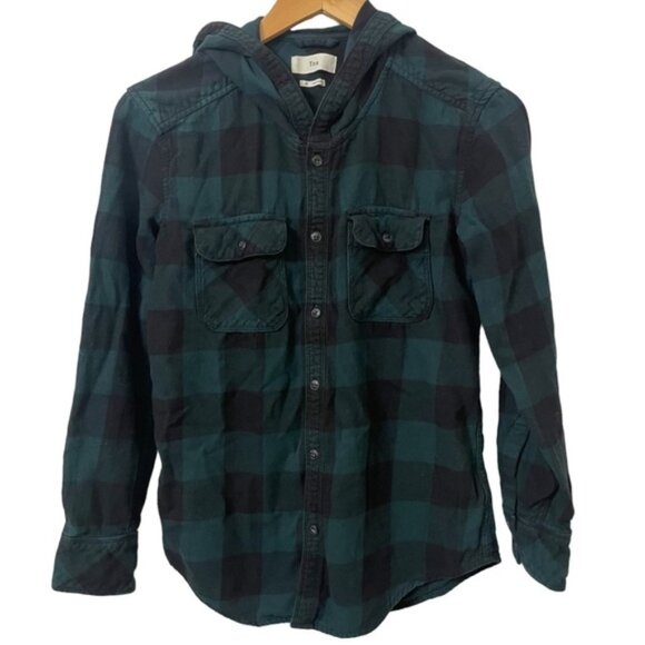 TNA green plaid Buffalo check hooded button down shirt XS - Picture 1 of 6